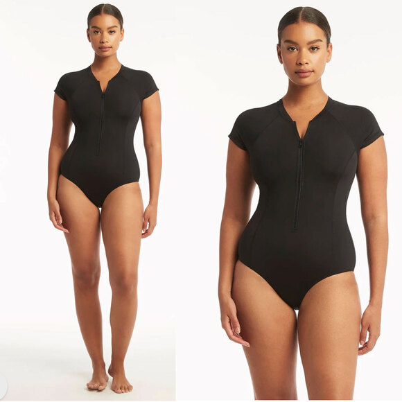 SEA LEVEL AUSTRALIA NWT Essentials Short Sleeve One Piece in Black Size US 12 - Picture 2 of 15